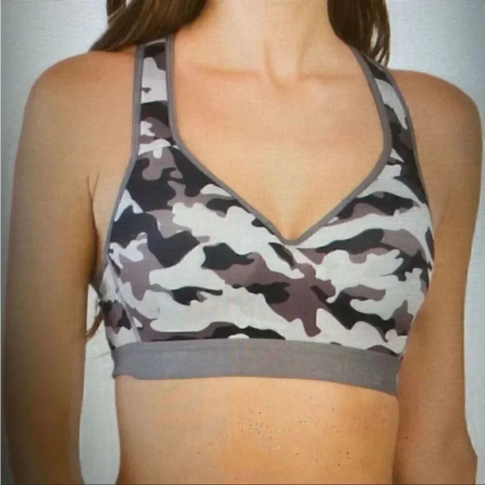 LAYER 8 Max Support Womens Sport Bra (NWT) Racerback Camo Gray SZ S